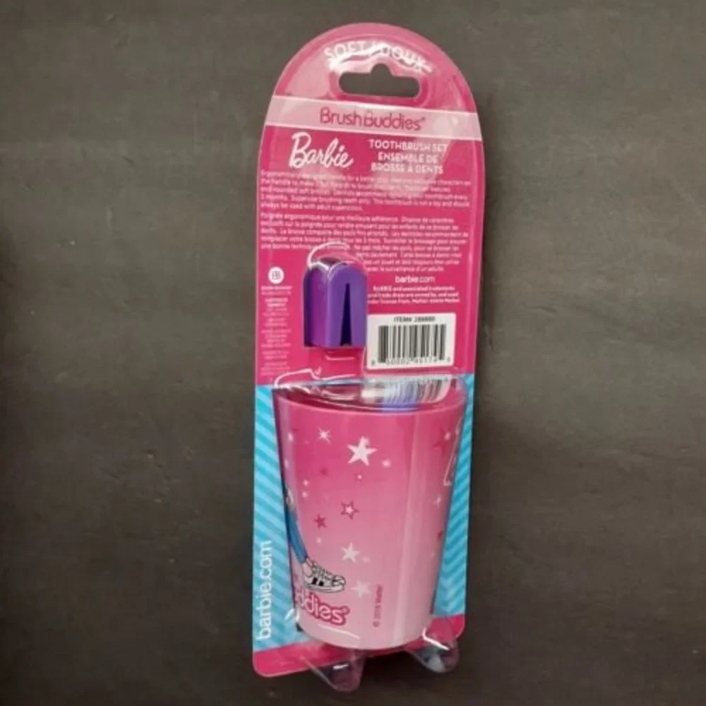 Mattel Barbie Brush Buddies Toothbrush 3 Piece Set Rinsing Cup Toothbrush Cap